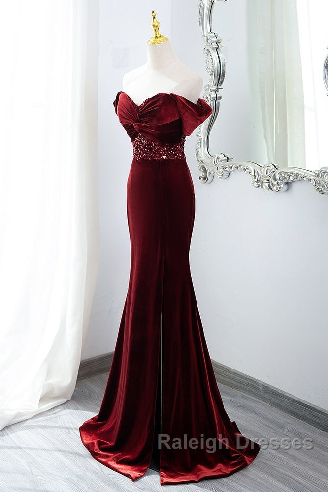 Wine Red Mermaid Velvet Long Prom Dresses Wine Red Prom Dresseses