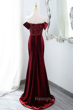 Wine Red Mermaid Velvet Long Party Dress, Wine Red Prom Dress Evening Dress