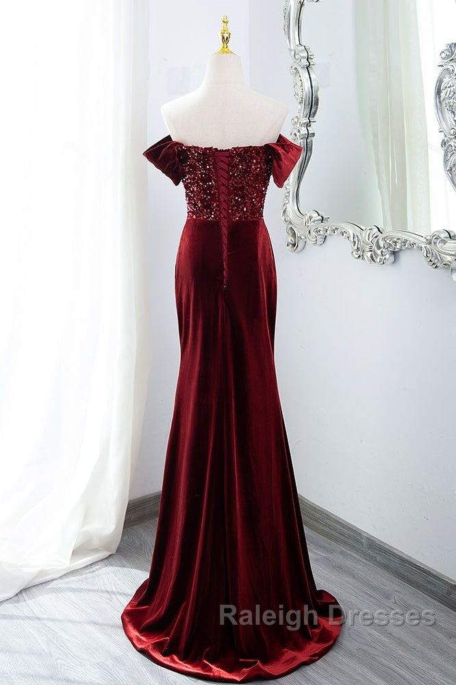Wine Red Mermaid Velvet Long Party Dress, Wine Red Prom Dress Evening Dress