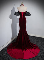 Wine Red Mermaid Velvet Off Shoulder Party Dress, Wine Red Long Evening Dress Prom Dress