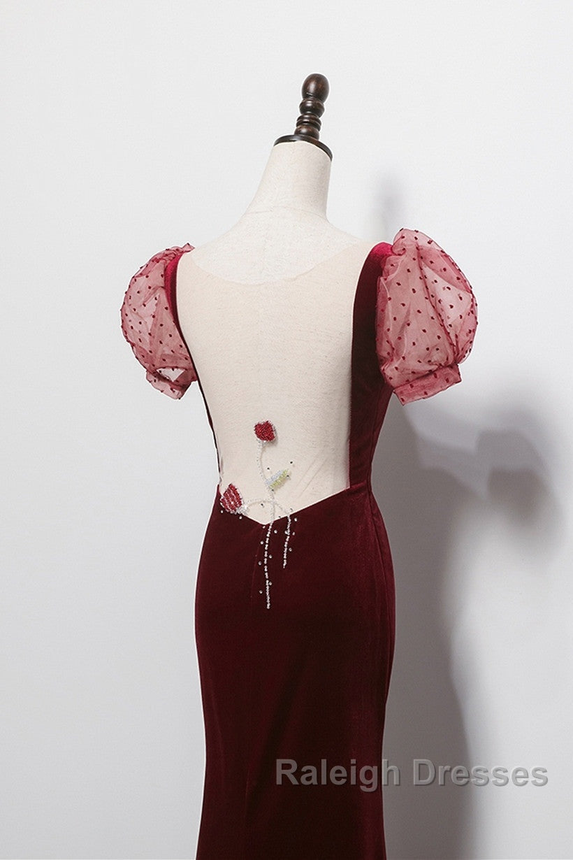 Wine Red Mermaid Velvet With Short Sleeves Prom Dresses Wine Red Prom Dresses Secondary image