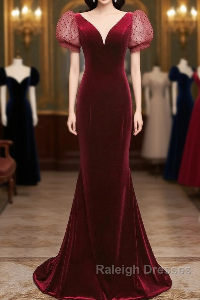 Wine Red Mermaid Velvet With Short Sleeves Prom Dresses Wine Red Prom Dresses Main image