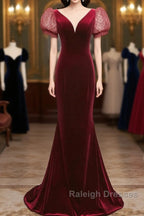 Wine Red Mermaid Velvet With Short Sleeves Prom Dresses Wine Red Prom Dresses