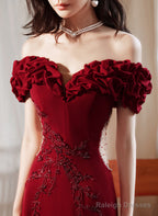 Wine Red Off Shoulder Beaded Mermaid Long Formal Dress, Wine Red Long Prom Dress