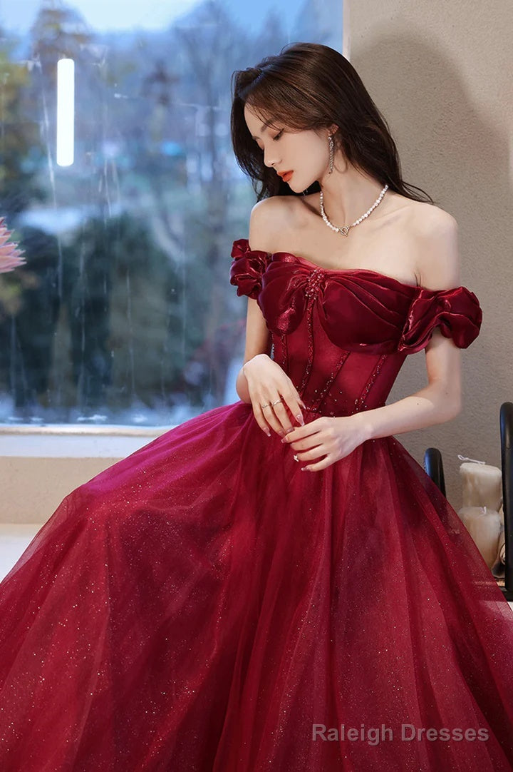 Wine Red Off Shoulder Beaded Sweetheart Long Party Dress, A-Line Prom Dress