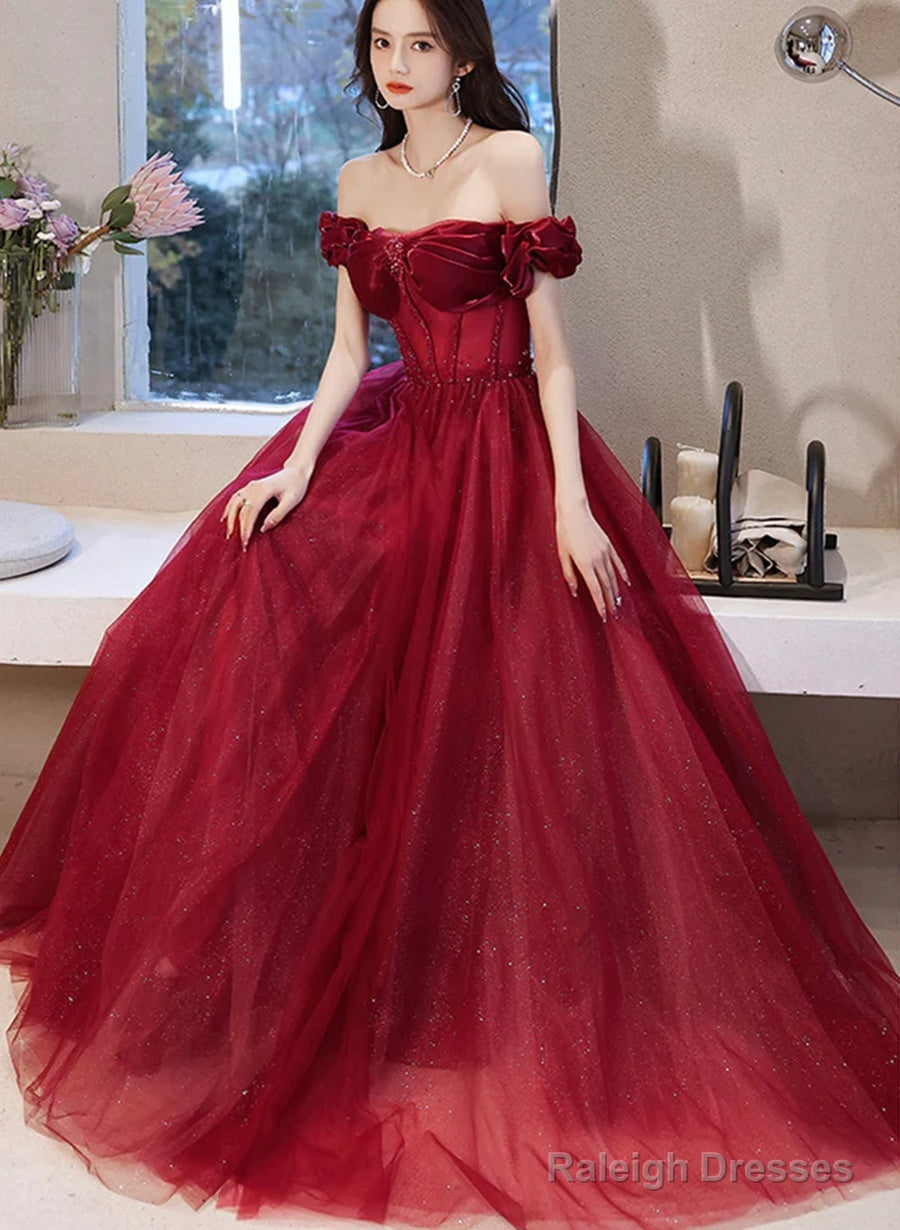 Wine Red Off Shoulder Beaded Sweetheart Long Party Dress, A-Line Prom Dress Main image