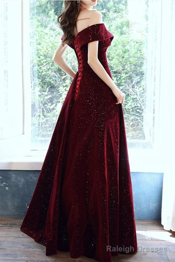 Wine Red Off Shoulder Prom Dress, Long Elegant Bridal Gown Sparkly Velvet Party Dress