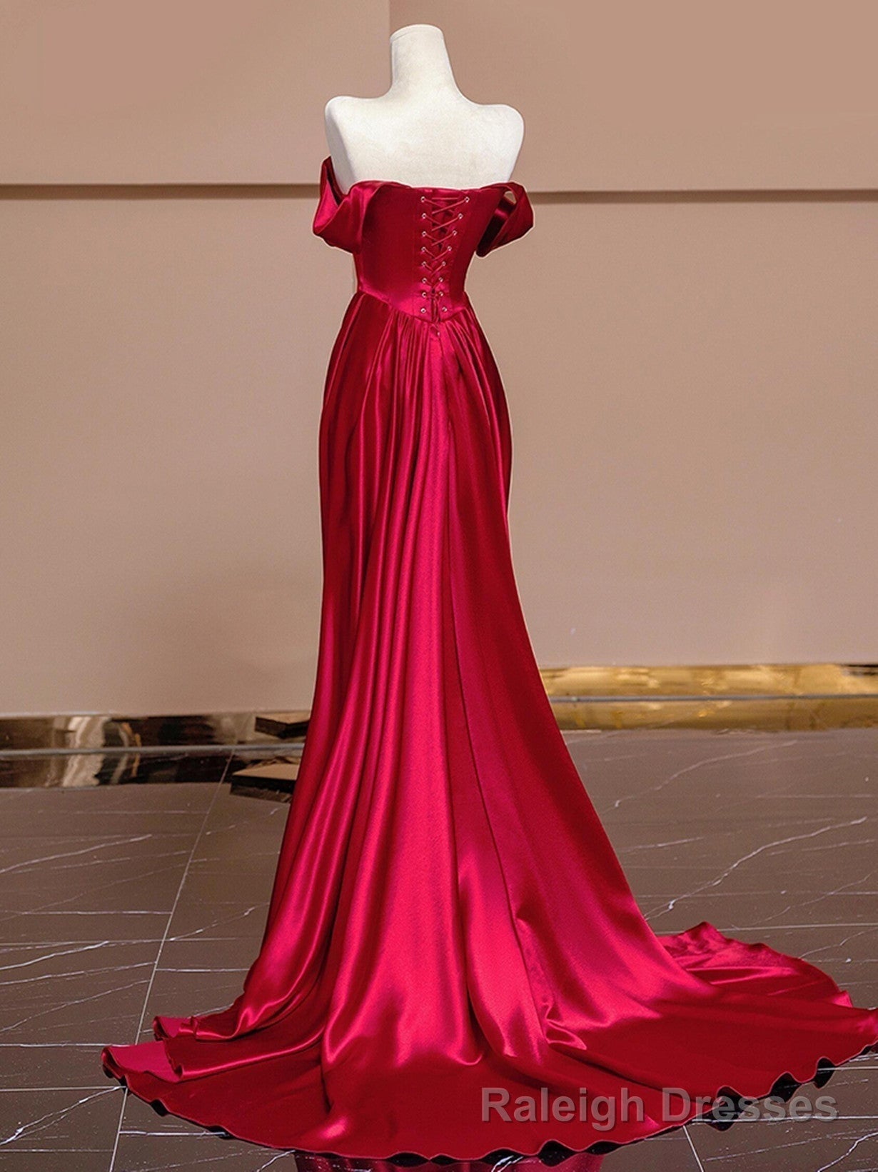 Wine Red Off Shoulder Satin Long Evening Dress, Wine Red Prom Dress