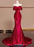 Wine Red Off Shoulder Satin Long Evening Dress, Wine Red Prom Dress