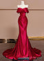 Wine Red Off Shoulder Satin Long Evening Dress, Wine Red Prom Dress