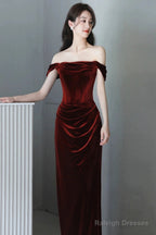 Wine Red Off Shoulder Scoop Long Party Dress, Wine Red Velvet Prom Dress