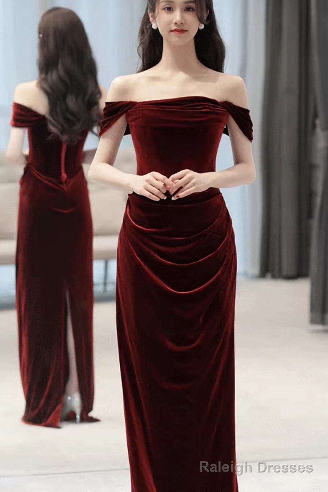 Wine Red Off Shoulder Scoop Long Party Dress, Wine Red Velvet Prom Dress Main image