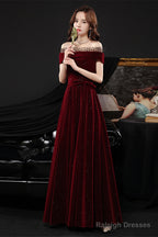 Wine Red Off Shoulder Simple Scoop Long Party Dress, Wine Red Evening Dress