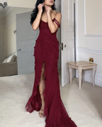 Wine Red Off Shoulder Straps Multi-Layered Ruffles Long Prom Dresses