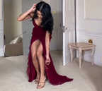 Wine Red Off Shoulder Straps Multi-Layered Ruffles Long Prom Dresses