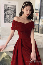Wine Red Off Shoulder Tea Length Velvet Party Dress, Wine Red Prom Dress