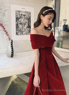 Wine Red Off Shoulder Tea Length Velvet Party Dress, Wine Red Prom Dress