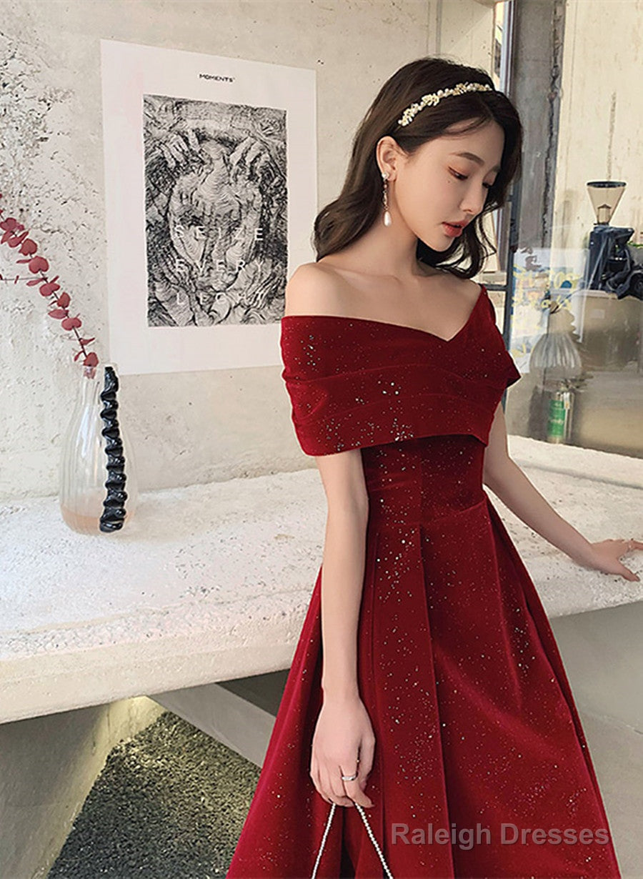 Wine Red Off Shoulder Tea Length Velvet Party Dress, Wine Red Prom Dress