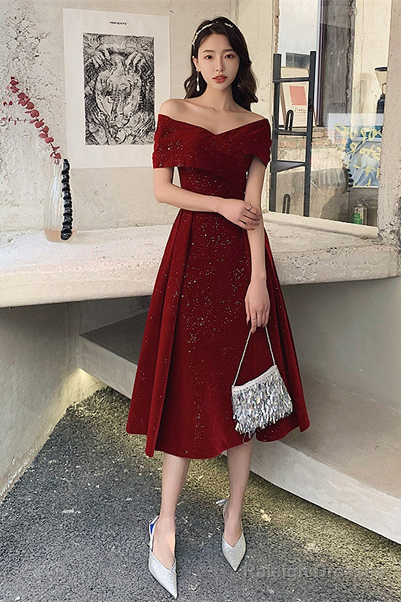 Wine Red Off Shoulder Tea Length Velvet Party Dress, Wine Red Prom Dress Main image