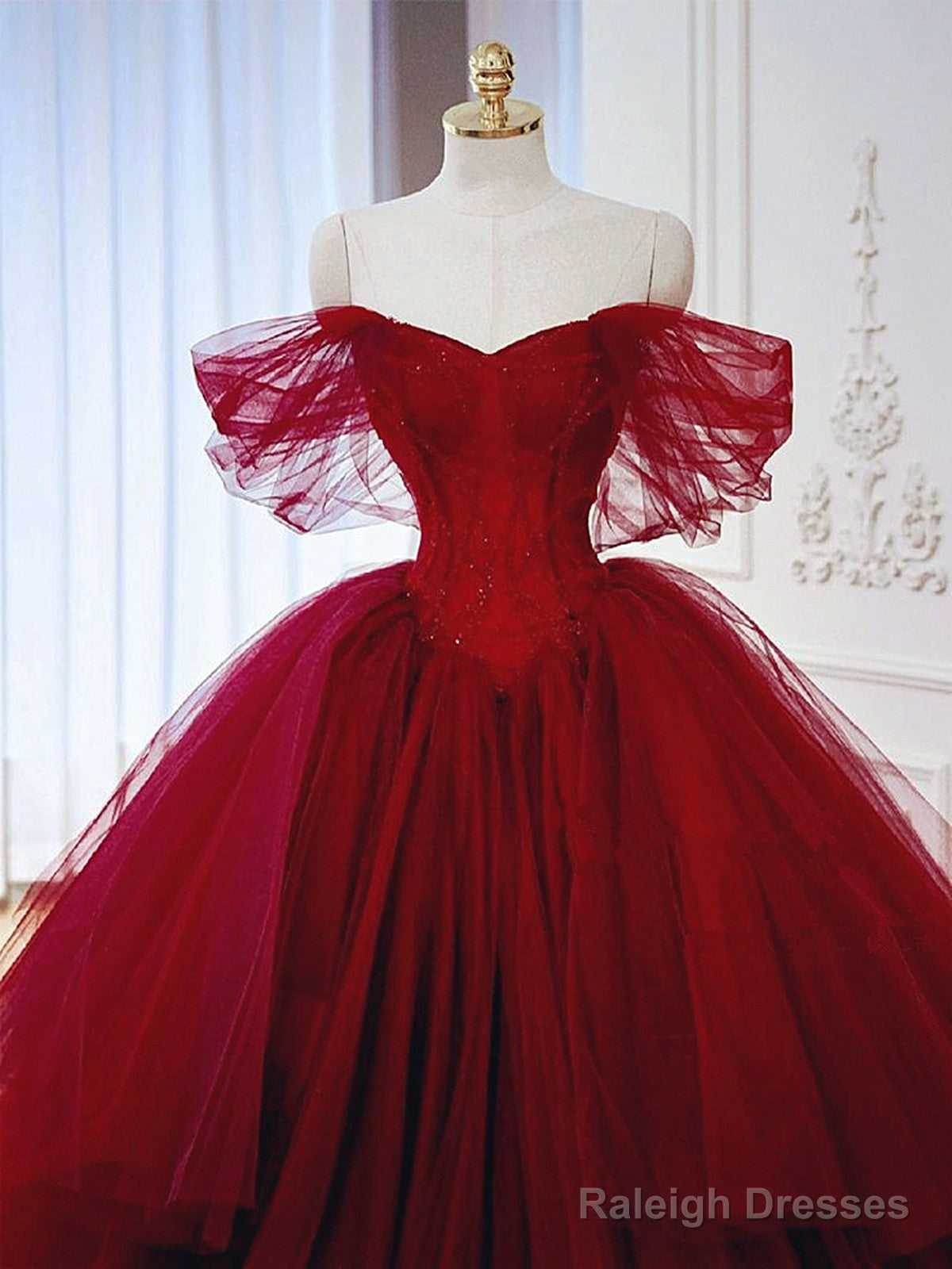 Wine Red Off Shoulder Tulle Beaded Long Formal Dress, Wine Red Tulle Sweet 16 Dress