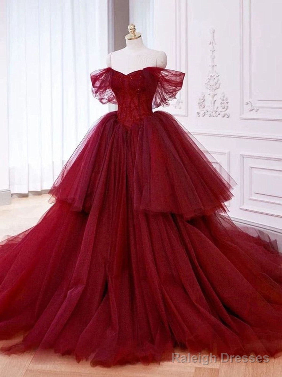 Wine Red Off Shoulder Tulle Beaded Long Formal Dress, Wine Red Tulle Sweet 16 Dress Main image