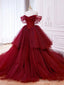 Wine Red Off Shoulder Tulle Beaded Long Formal Dress, Wine Red Tulle Sweet 16 Dress