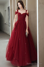 Wine Red Off Shoulder Tulle Party Dress, Wine Red Tulle Prom Dress Evening Dress