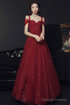 Wine Red Off Shoulder Tulle Party Dress, Wine Red Tulle Prom Dress Evening Dress