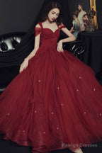 Wine Red Off Shoulder Tulle Party Dress, Wine Red Tulle Prom Dress Evening Dress