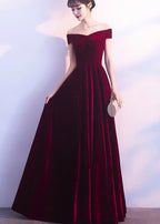 Wine Red Off Shoulder Velvet Long Wedding Prom Dresses Charming Prom Gowns