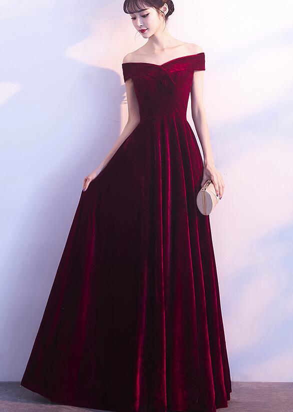 Wine Red Off Shoulder Velvet Long Wedding Prom Dresses Charming Prom Gowns