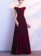 Wine Red Off Shoulder Velvet Long Wedding Prom Dresses Charming Prom Gowns