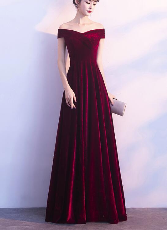 Wine Red Off Shoulder Velvet Long Wedding Prom Dresses Charming Prom Gowns