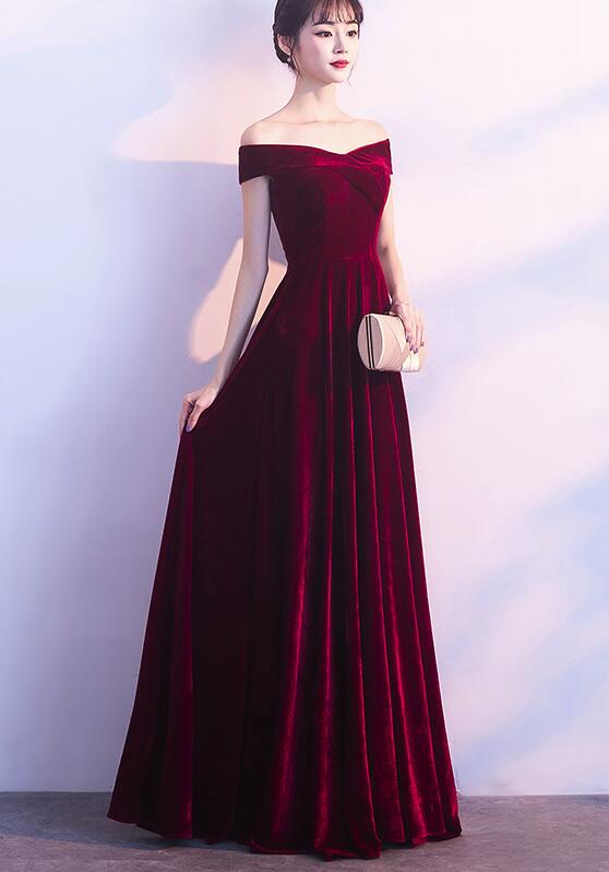 Wine Red Off Shoulder Velvet Long Wedding Prom Dresses Charming Prom Gowns