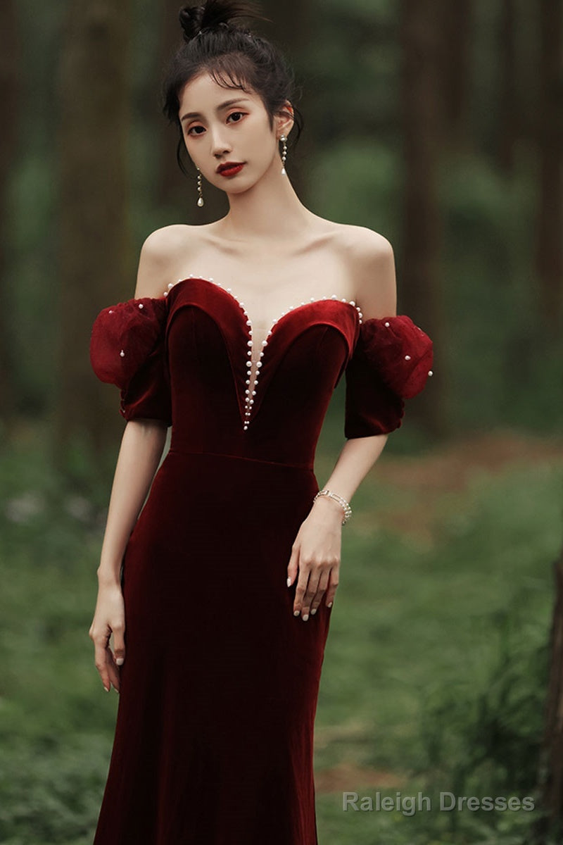 Wine Red Off Shoulder Velvet Mermaid Wedding Prom Dresses Wine Red Long Prom Dresses