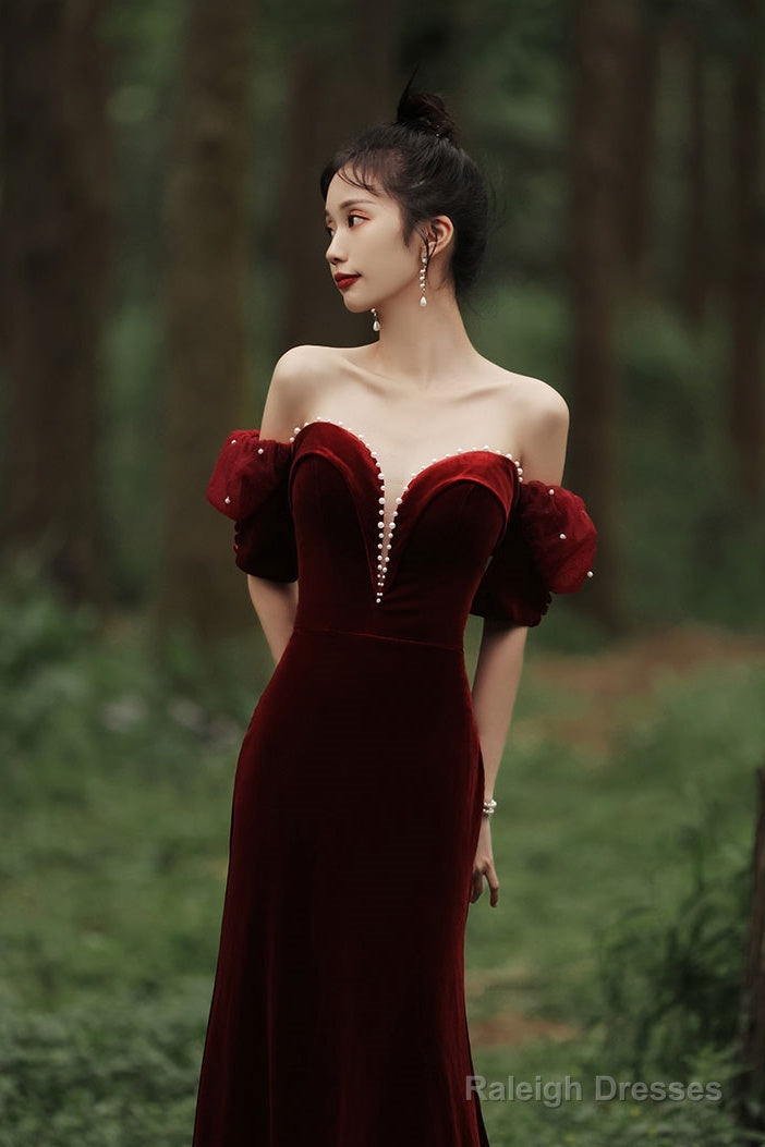 Wine Red Off Shoulder Velvet Mermaid Wedding Prom Dresses Wine Red Long Prom Dresses