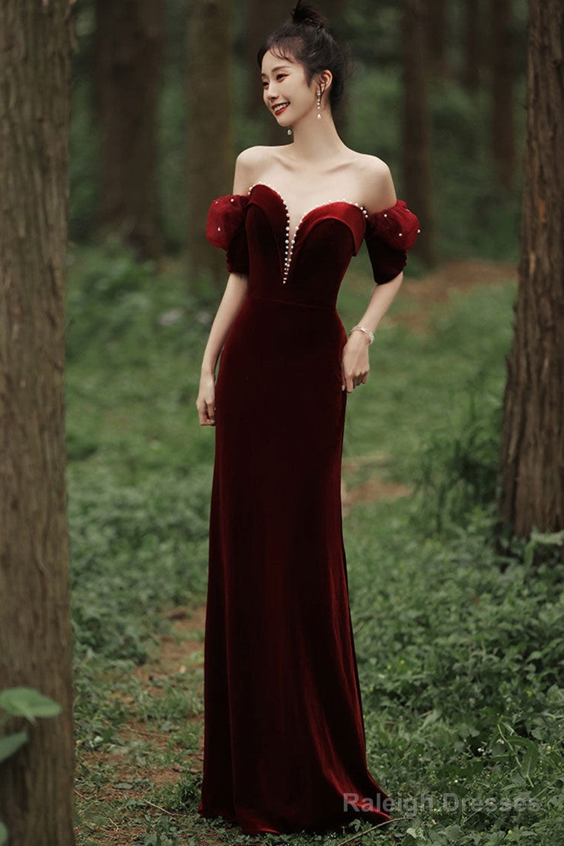 Wine Red Off Shoulder Velvet Mermaid Wedding Party Dress, Wine Red Long Prom Dress