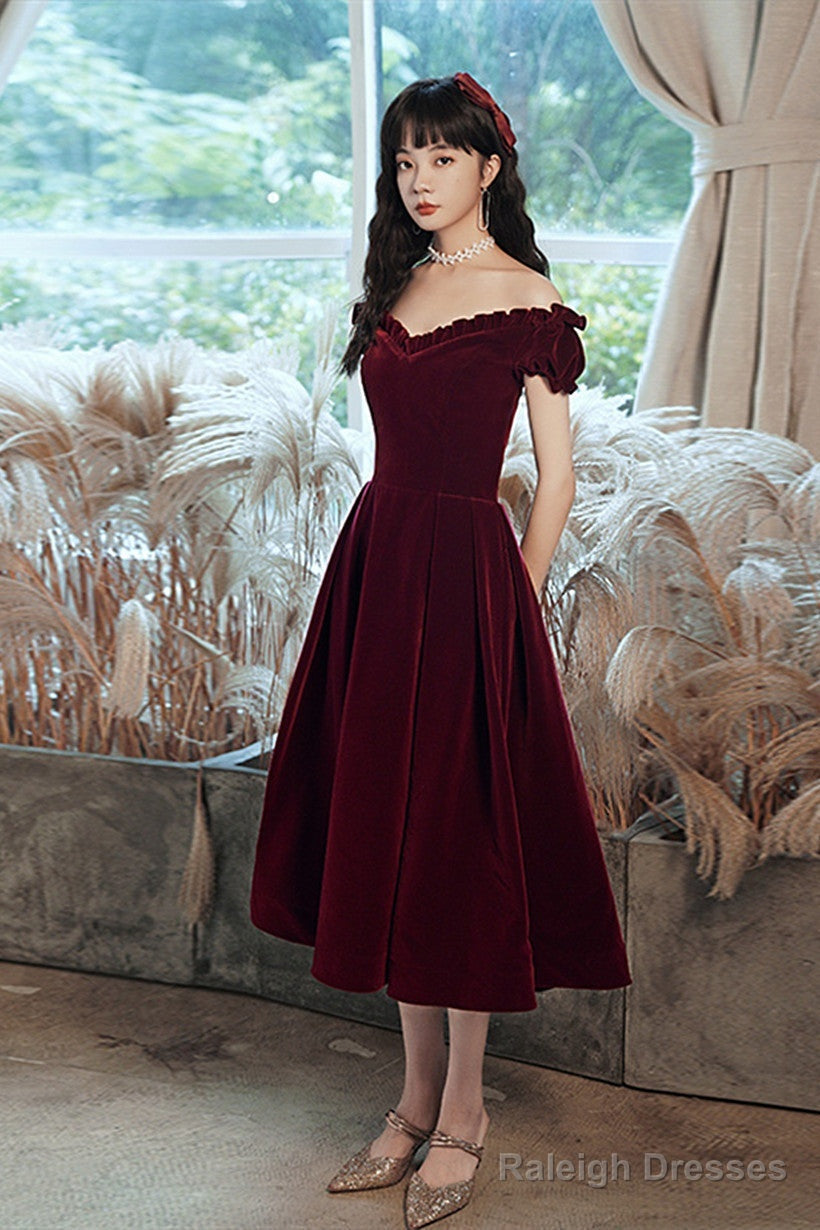 Wine Red Off Shoulder Velvet Tea Length Party Dress, Velvet Prom Dress Homecoming Dress