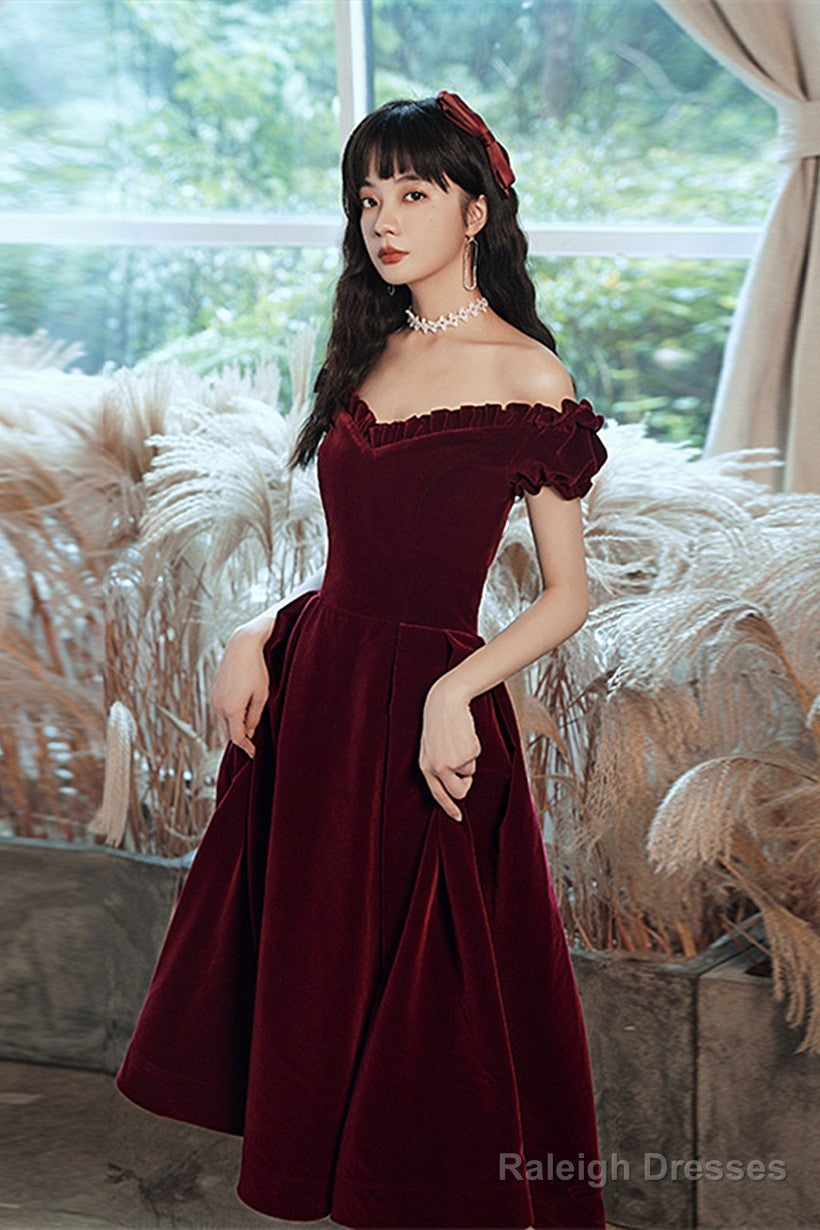 Wine Red Off Shoulder Velvet Tea Length Party Dress, Velvet Prom Dress Homecoming Dress Main image