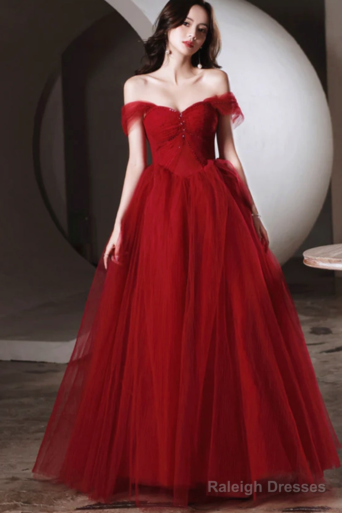 Wine Red Off Shouldertulle Long A-Line Prom Dress, Wine Red Sweetheart Evening Dress Main image