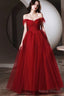 Wine Red Off Shouldertulle Long A-Line Prom Dress, Wine Red Sweetheart Evening Dress
