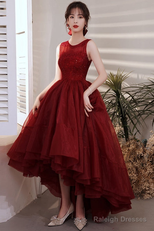Wine Red Organza Lace High Low Chic Party Dresses Prom Dress, Wine Red Homecoming Dresses Secondary image