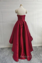Wine Red Pretty High Low Party Dress, Wine Red Homecoming Dresses, Lace-Up Junior Prom Dress