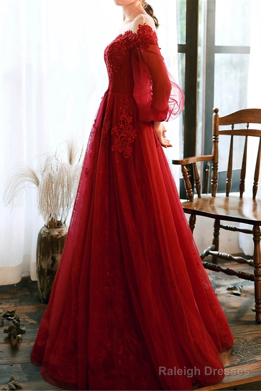 Wine Red Prom Dress Lace Evening Dress Party Dress, A-Line Wine Red Formal Dress