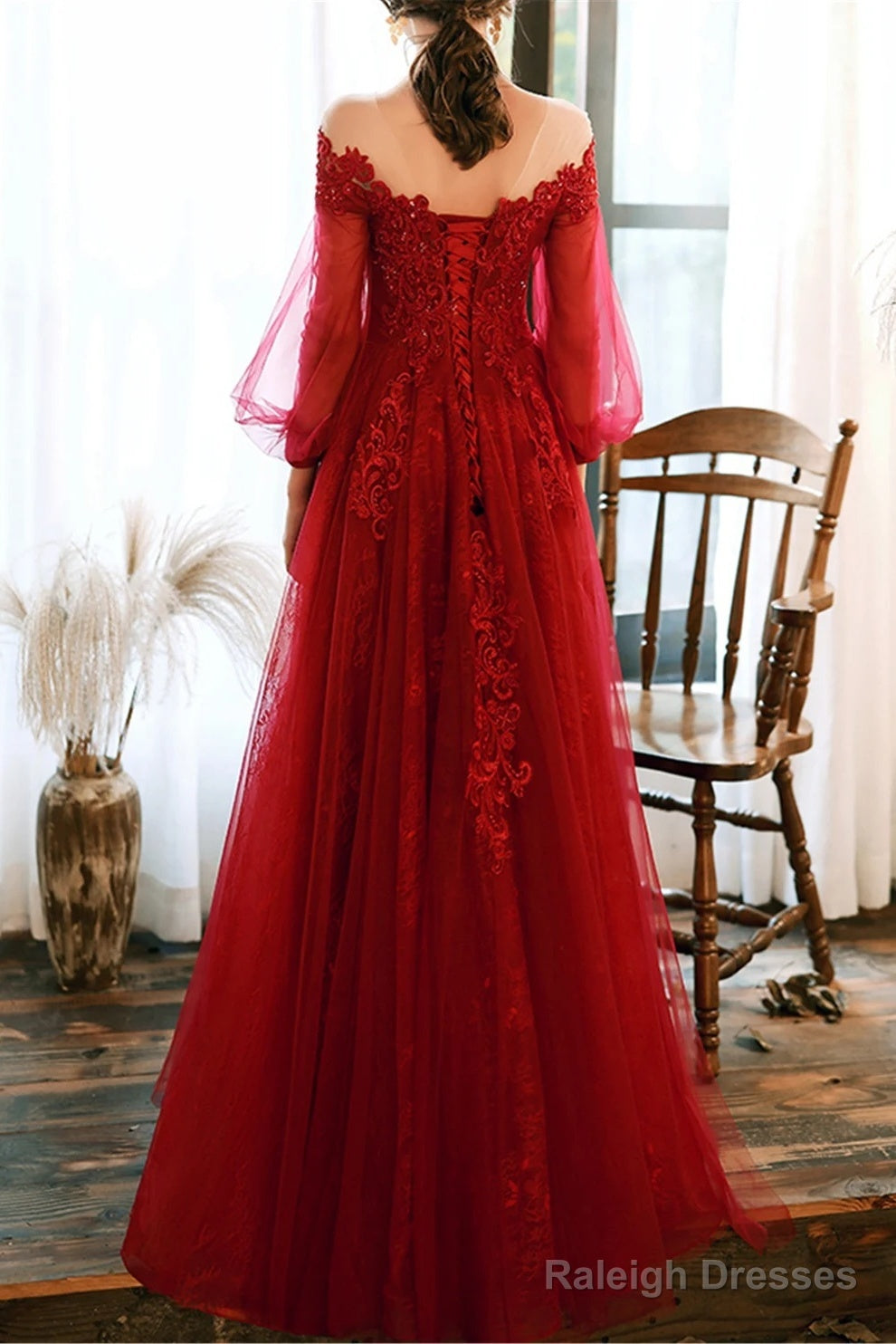 Wine Red Prom Dress Lace Evening Dress Party Dress, A-Line Wine Red Formal Dress