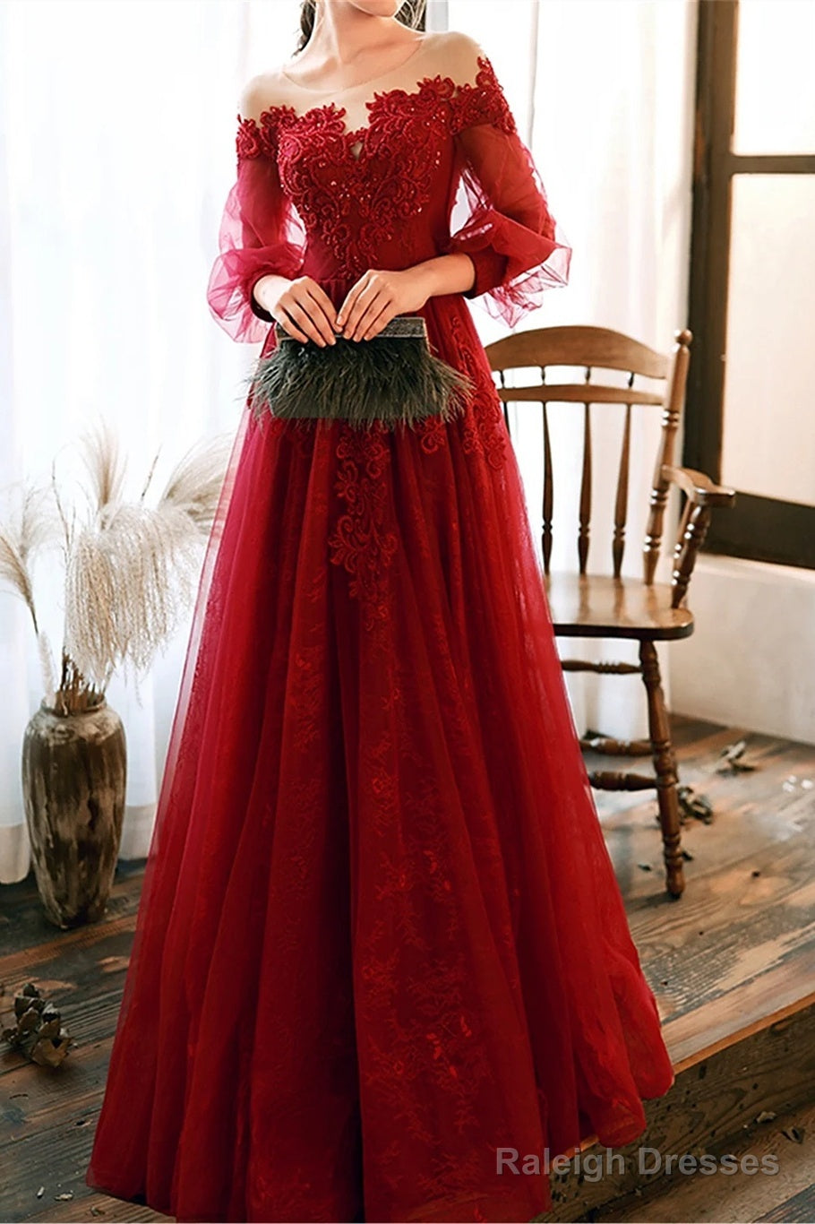 Wine Red Prom Dress Lace Evening Dress Party Dress, A-Line Wine Red Formal Dress Main image