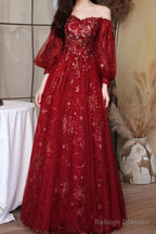 Wine Red Puffy Sleeves Tulle Long Party Dress, A-Line Wine Red Floor Length Prom Dress