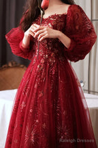 Wine Red Puffy Sleeves Tulle Long Party Dress, A-Line Wine Red Floor Length Prom Dress