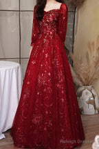 Wine Red Puffy Sleeves Tulle Long Party Dress, A-Line Wine Red Floor Length Prom Dress