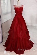 Wine Red Round Neckline A-Line Beaded Party Dress, Wine Red Long Prom Dress